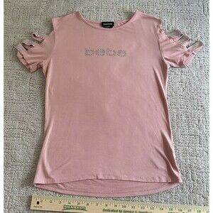 Bebe Misty Rose Pink Rhinestone Embellished Logo Cutout Sleeve Jersey Tee Size M